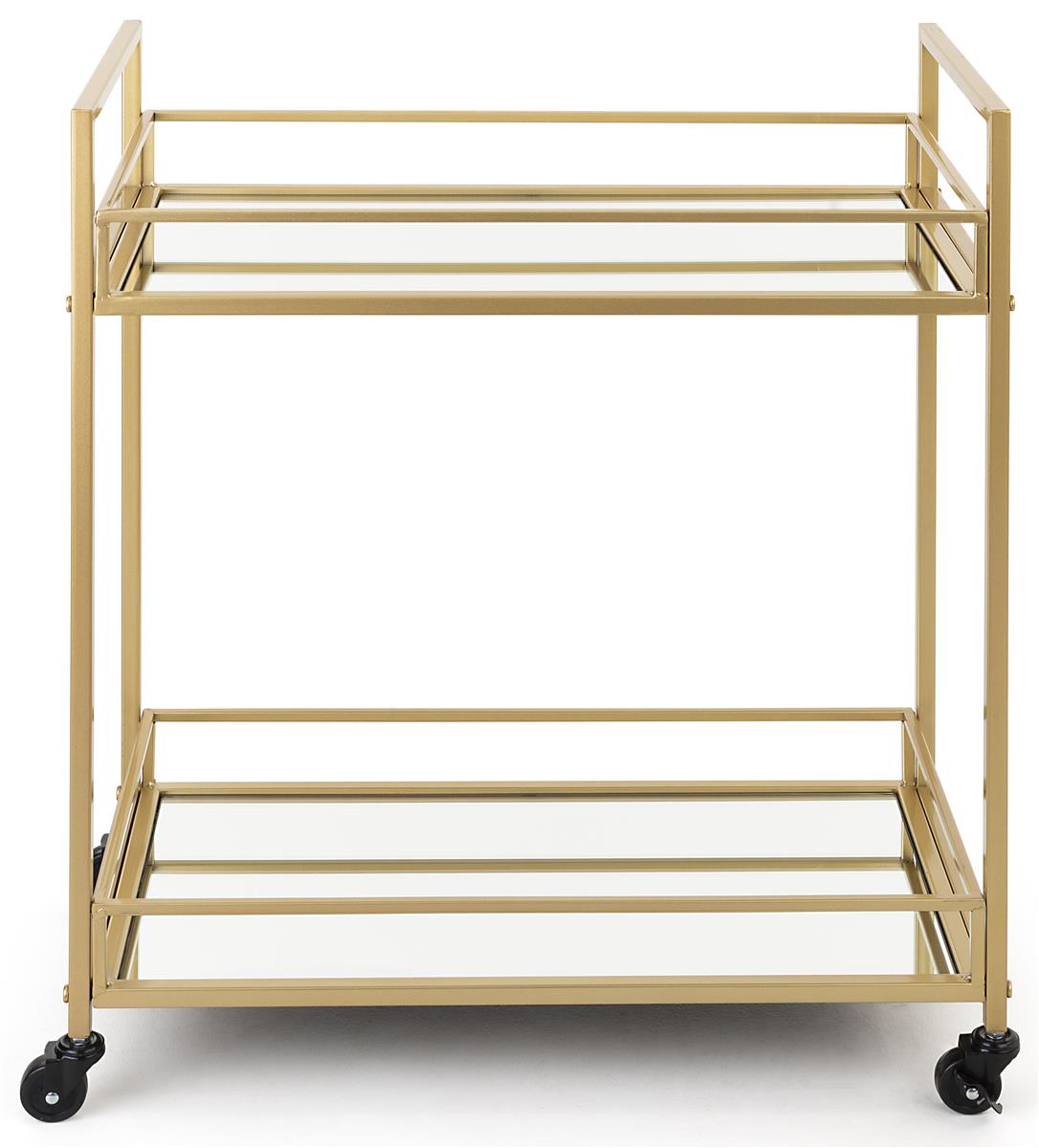 Four Swiveling Casters Displays2go Rolling Metal Bar Cart Mirrored Glass Shelves Gold FSBEVCART1