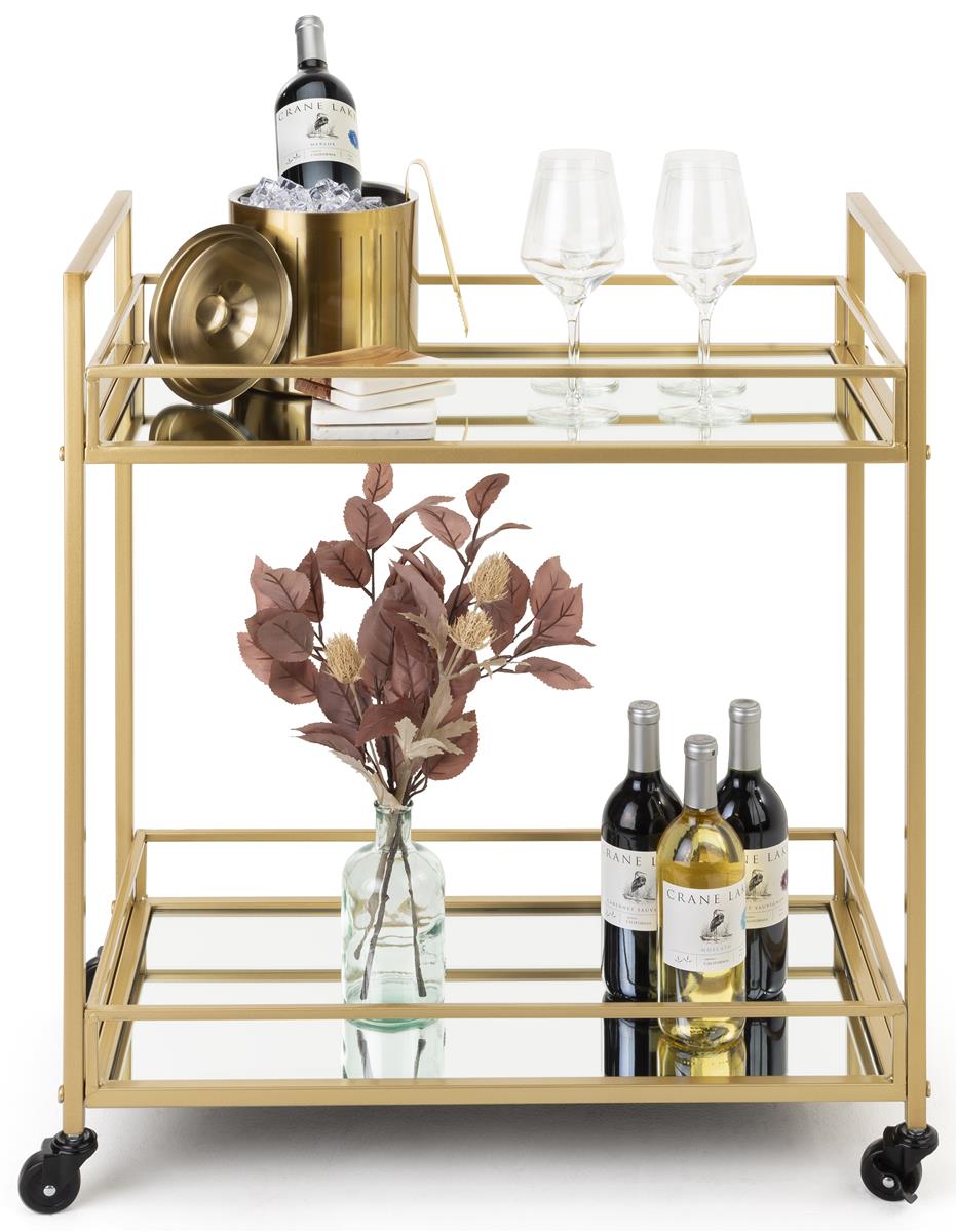 Four Swiveling Casters Displays2go Rolling Metal Bar Cart Mirrored Glass Shelves Gold FSBEVCART1