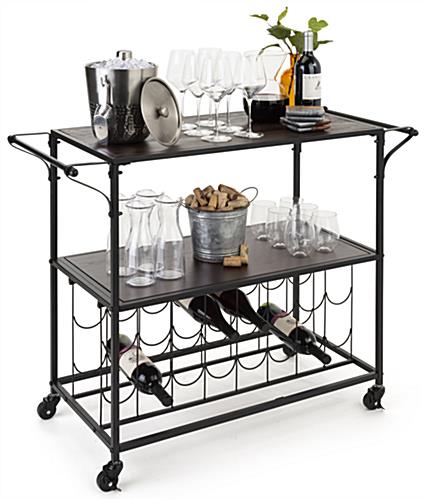 Two-tiered liquor cart with wine rack includes dark brown wooden shelving 
