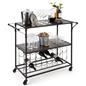 Two-tiered liquor cart with wine rack includes dark brown wooden shelving 