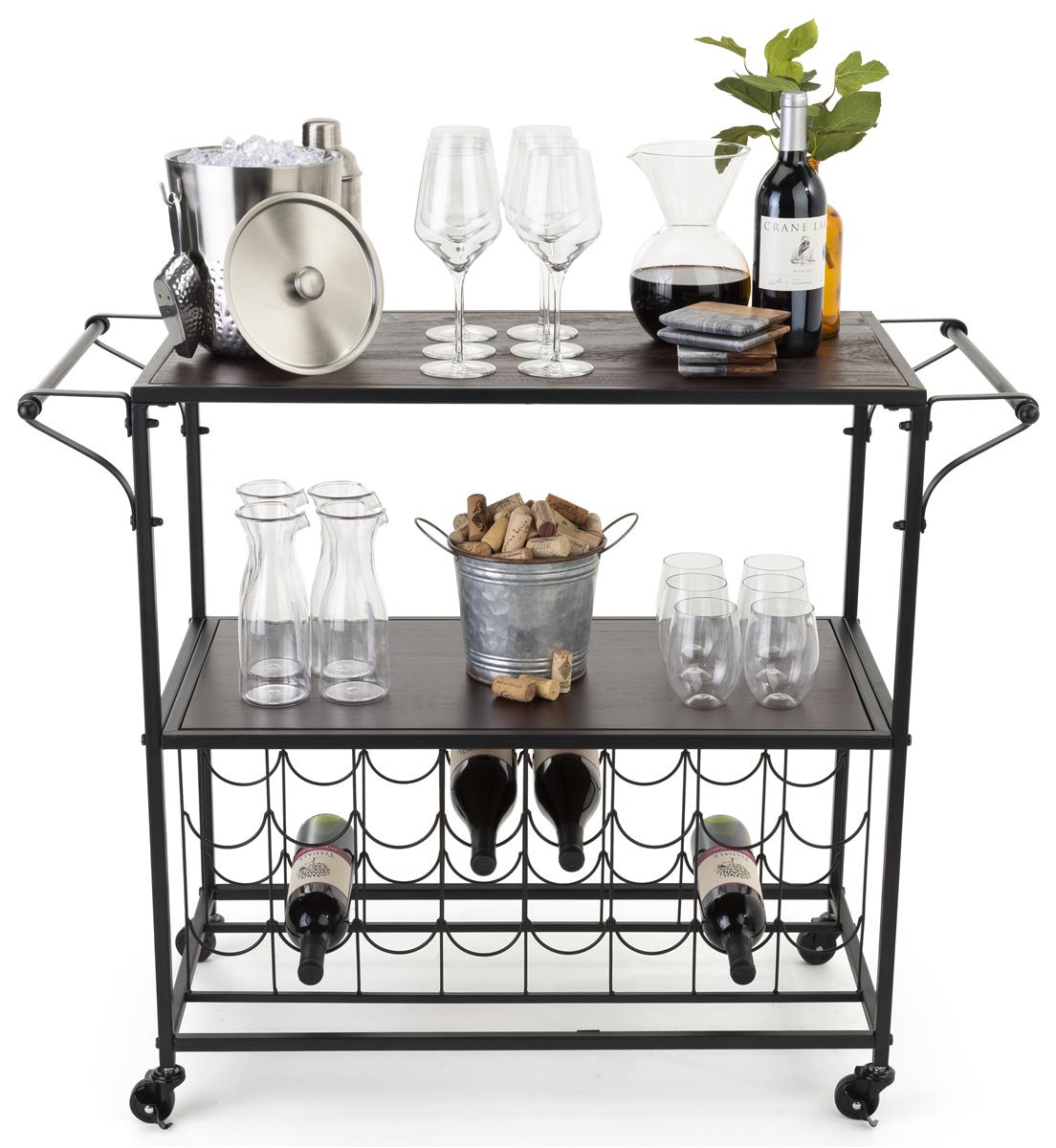 Liquor Cart with Wine Rack | Two-Tiered Wood Shelving