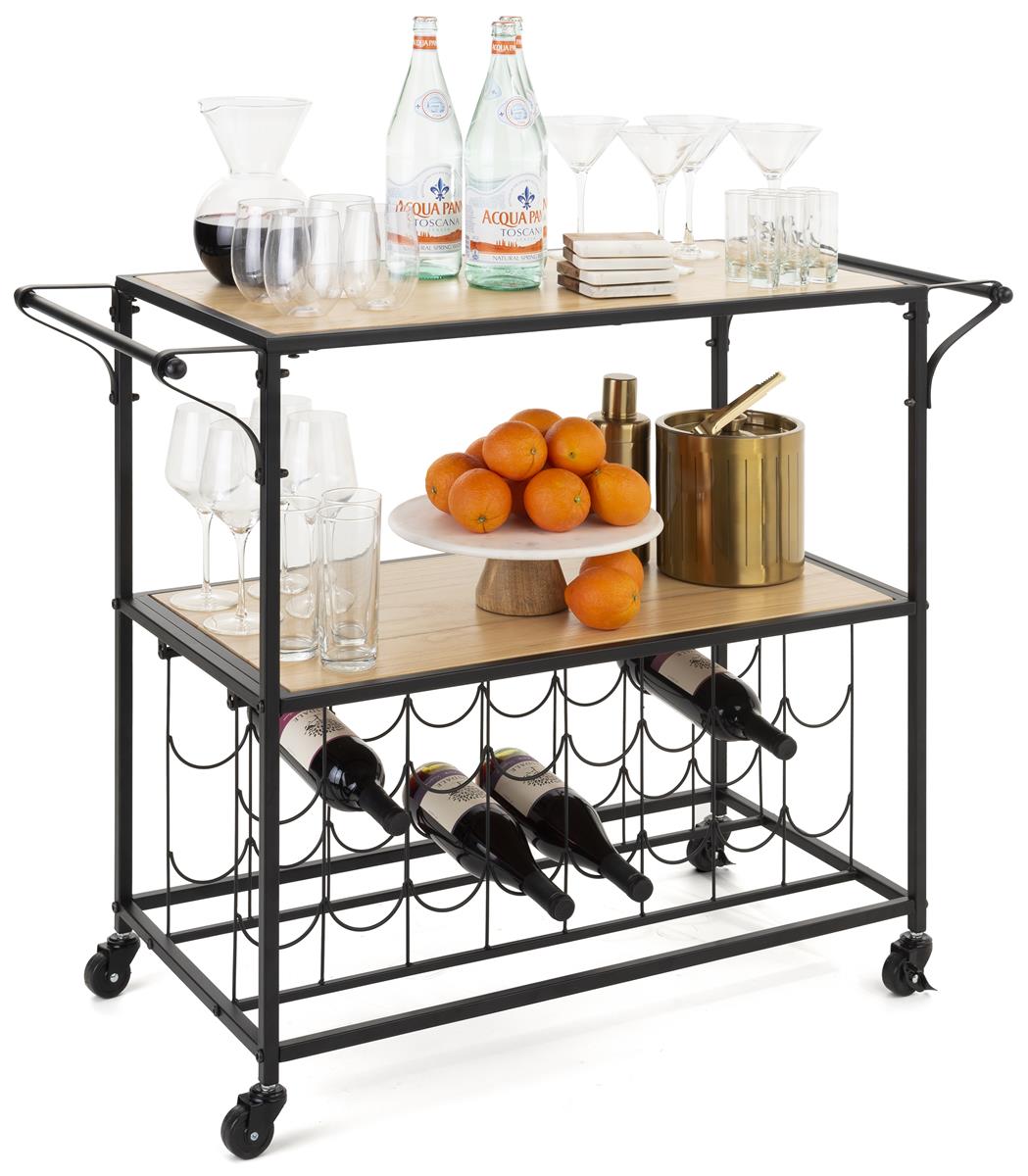 Liquor Cart with Wine Rack TwoTiered Wood Shelving