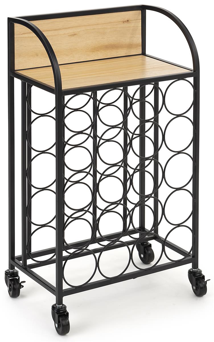 Wine rack with wheels features light oak wooden shelf 