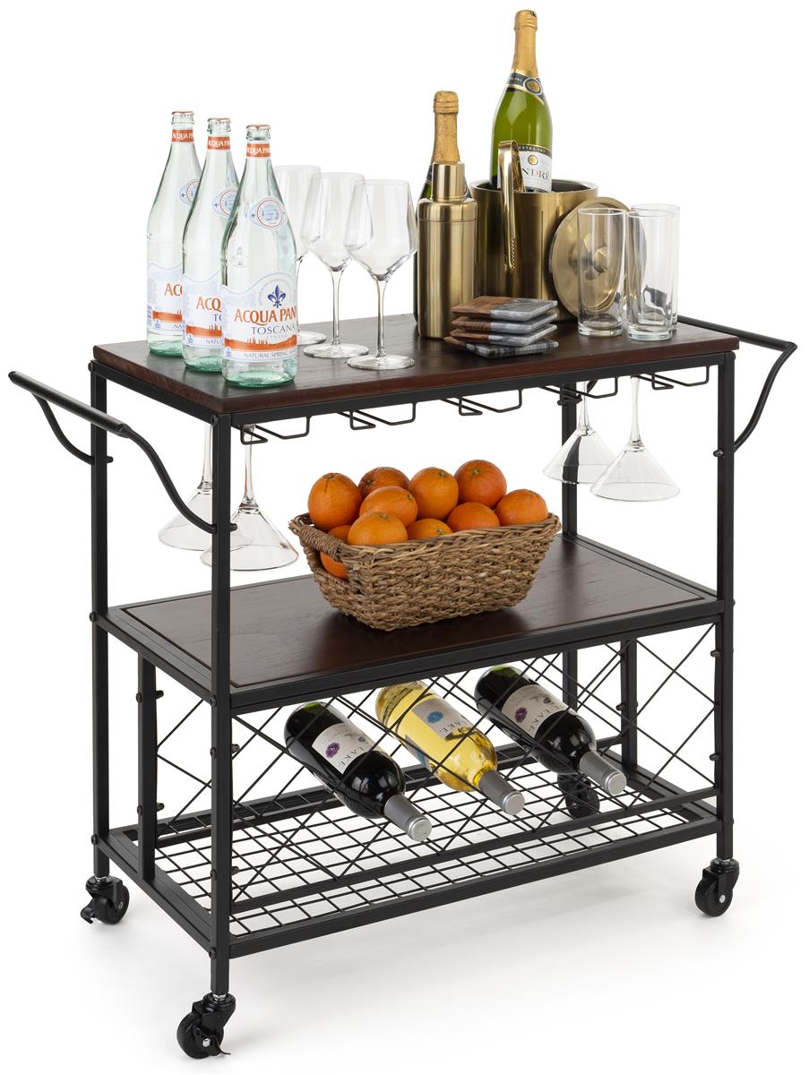 Beverage Cart with Wine Storage 15 Stemware Glass Compartment