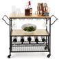 Iron metal beverage cart with wine storage and black caster wheels 