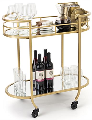 Portable oval serving cart on wheels with two shelving tiers 