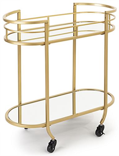 Oval serving cart on wheels with satin gold finish 