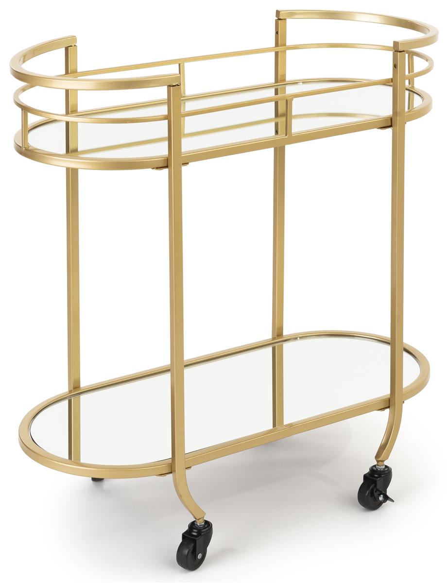 Four Swiveling Casters Displays2go Rolling Metal Bar Cart Mirrored Glass Shelves Gold FSBEVCART1