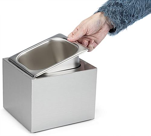 Ice holder with steel housing and easy to place and remove bin