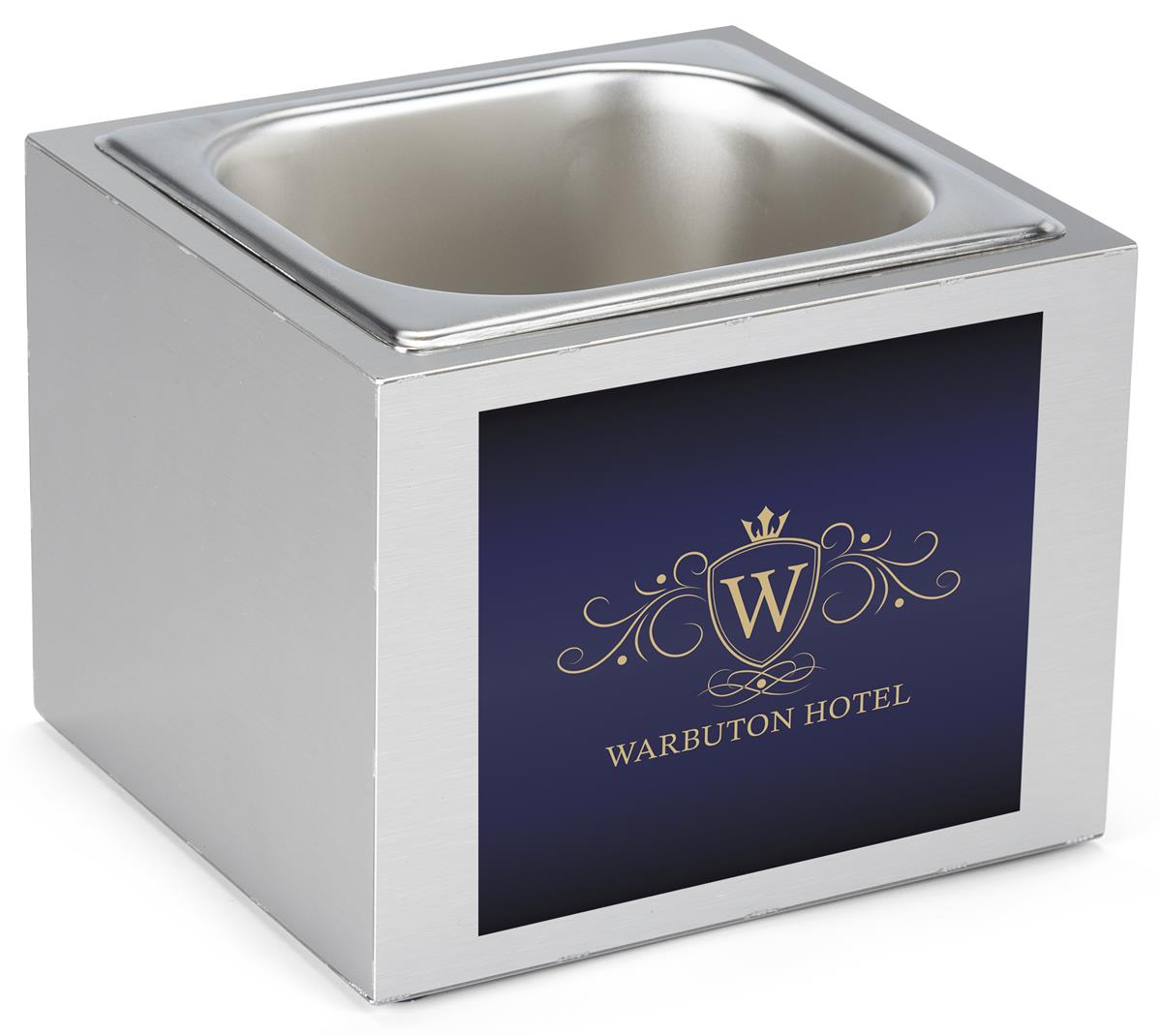 Branded steel countertop ice bin with personal graphics