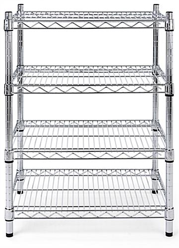 Metal wire shelving unit has a weight capacity of 330 pounds per shelv