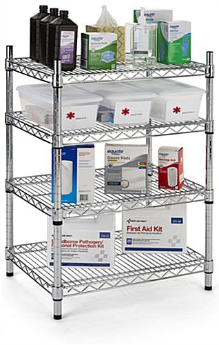 Metal wire shelving unit with adjustable tiers