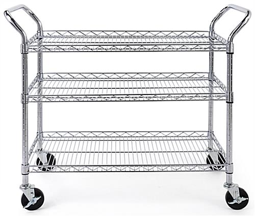 Chrome wire utility cart with two locking and two non-locking wheels