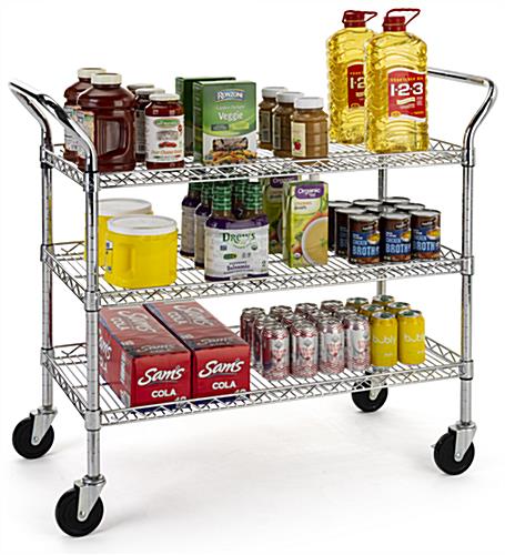 Chrome wire utility cart has three tiers and dual push bars