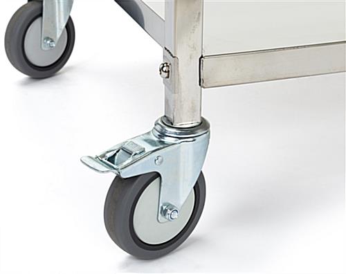 3 tier stainless steel utility cart with 2 locking and 2 non locking caster wheels