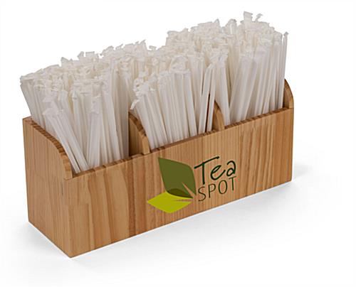 Wood bar straw caddy with tea shop logo