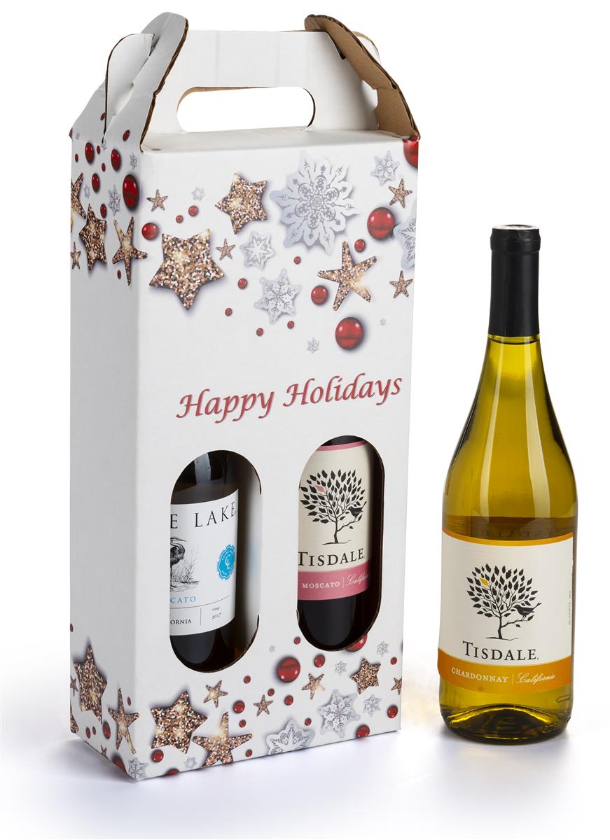 Pre-printed cardboard wine carrier with happy holiday design