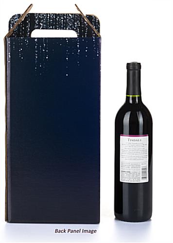 Blue happy new year pre-printed cardboard wine carrier is sold in a package of 25
