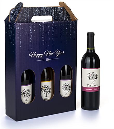 Pre-printed cardboard wine carrier with blue and silver graphics