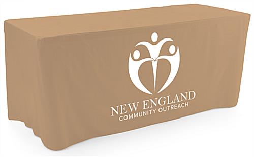 Tan custom printed fitted tablecloth with durable design