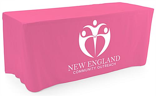 Pink custom printed fitted tablecloths with personalized white imprint