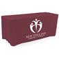 Burgundy custom printed fitted tablecloths with a white custom imprint