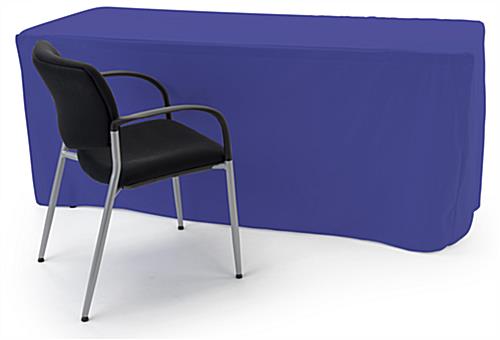 Royal blue custom printed fitted tablecloths with a closed back
