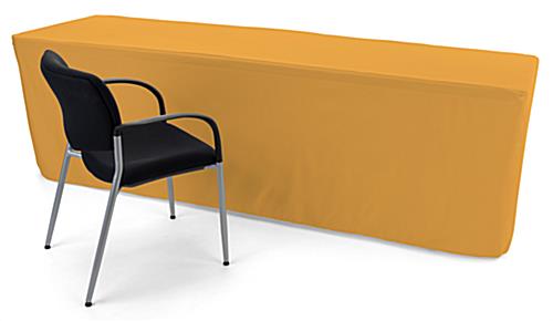 Gold trade show table throws with fitted skirt design 