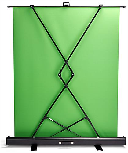 Retractable green screen banner stand features an auto-locking design
