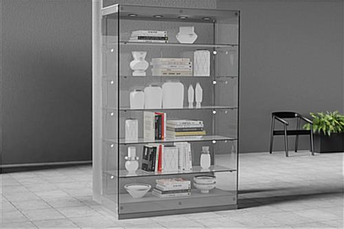 Contemporary glass display cabinets with four top lights