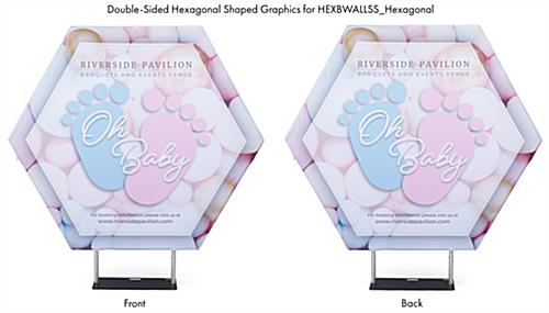 Hexagonal fabric pop up display with double-sided graphics 