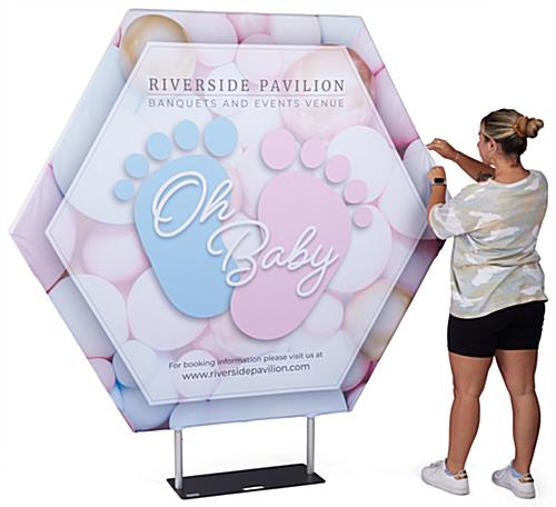 Hexagonal fabric pop up display with single or double-sided graphics 