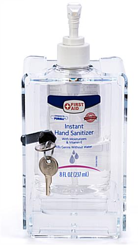 Locking acrylic hand sanitizer holder with adjustable shelf