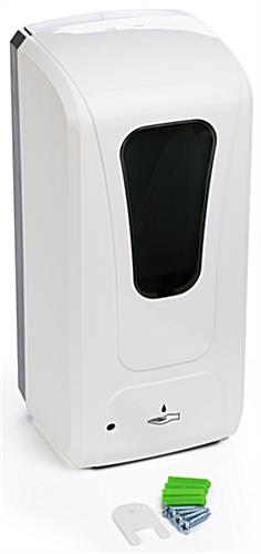 Touch free hand sanitizer dispenser includes mounting hardware and key
