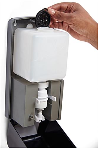 Hand sanitizer drip tray dispenser offers 1000 ml of refillable gel solution 