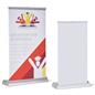 11.75" tabletop banner with custom printed graphics beside the 8.25" tabletop banner with blank banner