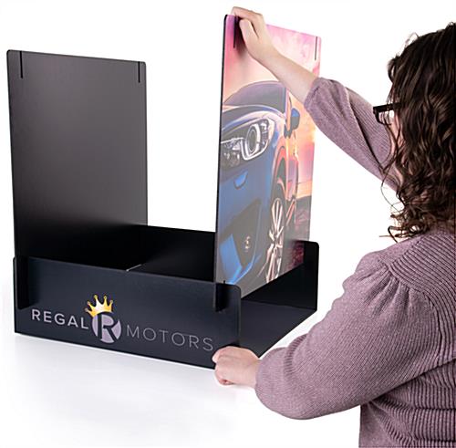 Flat pack cube display signage with custom printed footer and headers