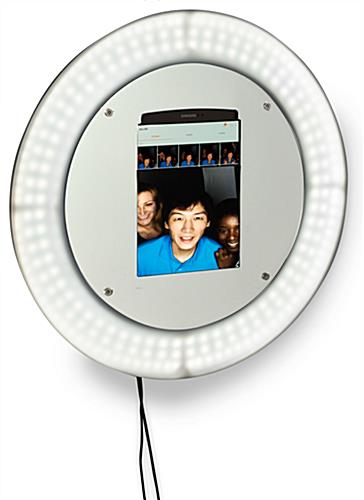 Wall mount photo booth station with light ring with anti-theft enclosure accommodates 9.7 inch tablets