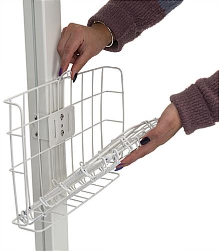 White folding wire basket includes a clasp to pin together 