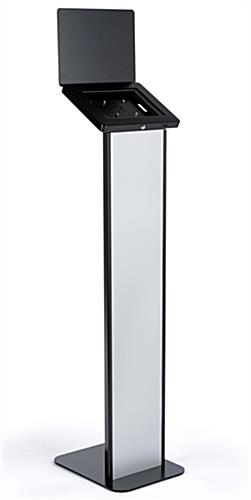 Black and silver brandable tablet kiosk with hinged enclosure for  device access
