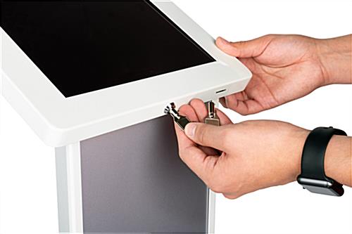 White  iPad kiosk with panel with 2 sets of keys for security 