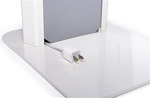 White  iPad kiosk with panel with back panel cable management