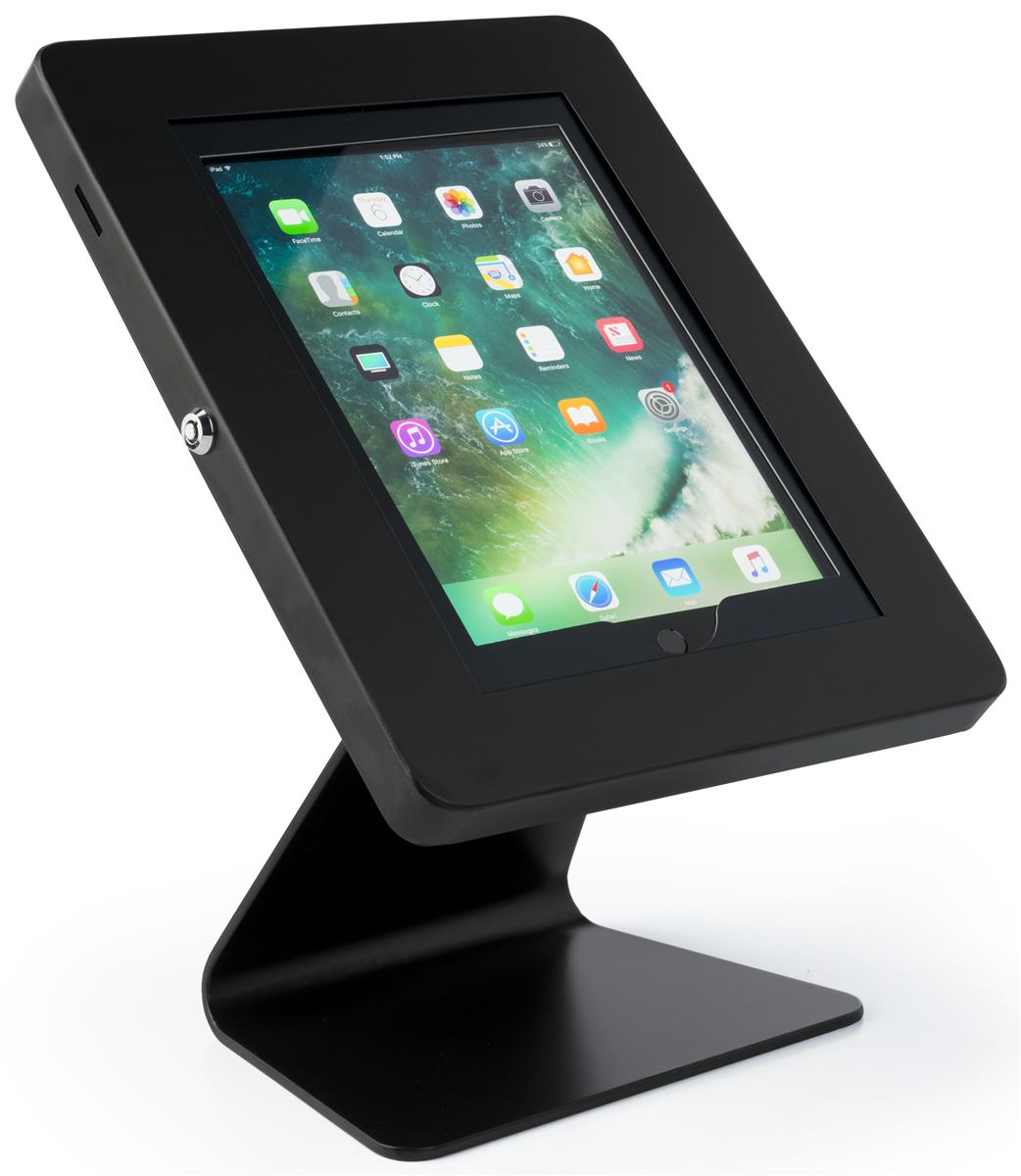 iPad Tablet Counter Stand, Foam Padding, Locking & Rotating Enclosure -  Black