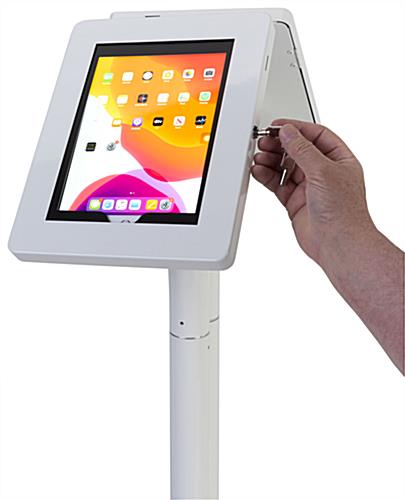Floor to counter dual sided tablet kiosk with two keys for locking the steel enclosures