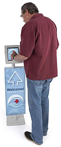 Adjustable branded dual tablet floor stand with accessible floor standing configuration