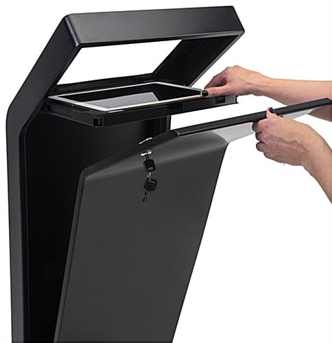 Tablet kiosk stand with hinged internal tray for device access
