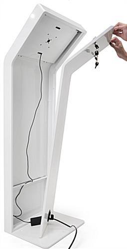 Hidden wire management on back of white iPad floor stand kiosk
