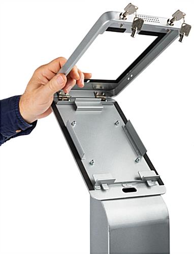 Silver ipad mini floor stand with secure locking compartment 