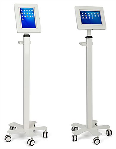 Rolling healthcare tablet kiosk features a vertical and horizontal display 