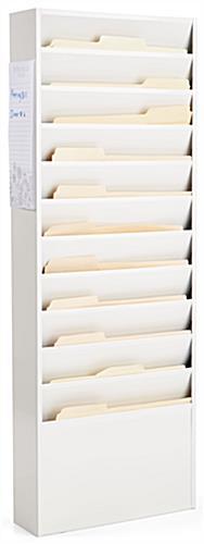 White metal wall mount file holder with overall dimensions of 13.3 inches by 36 inches by 4 inches